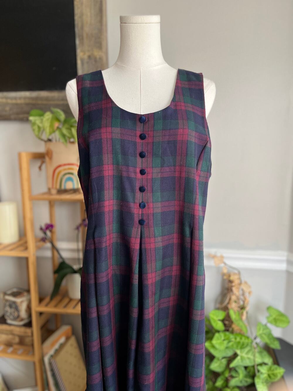 Vintage 90s Plaid Maxi Dress Sleeveless Pleated Dark Plaid Size Medium